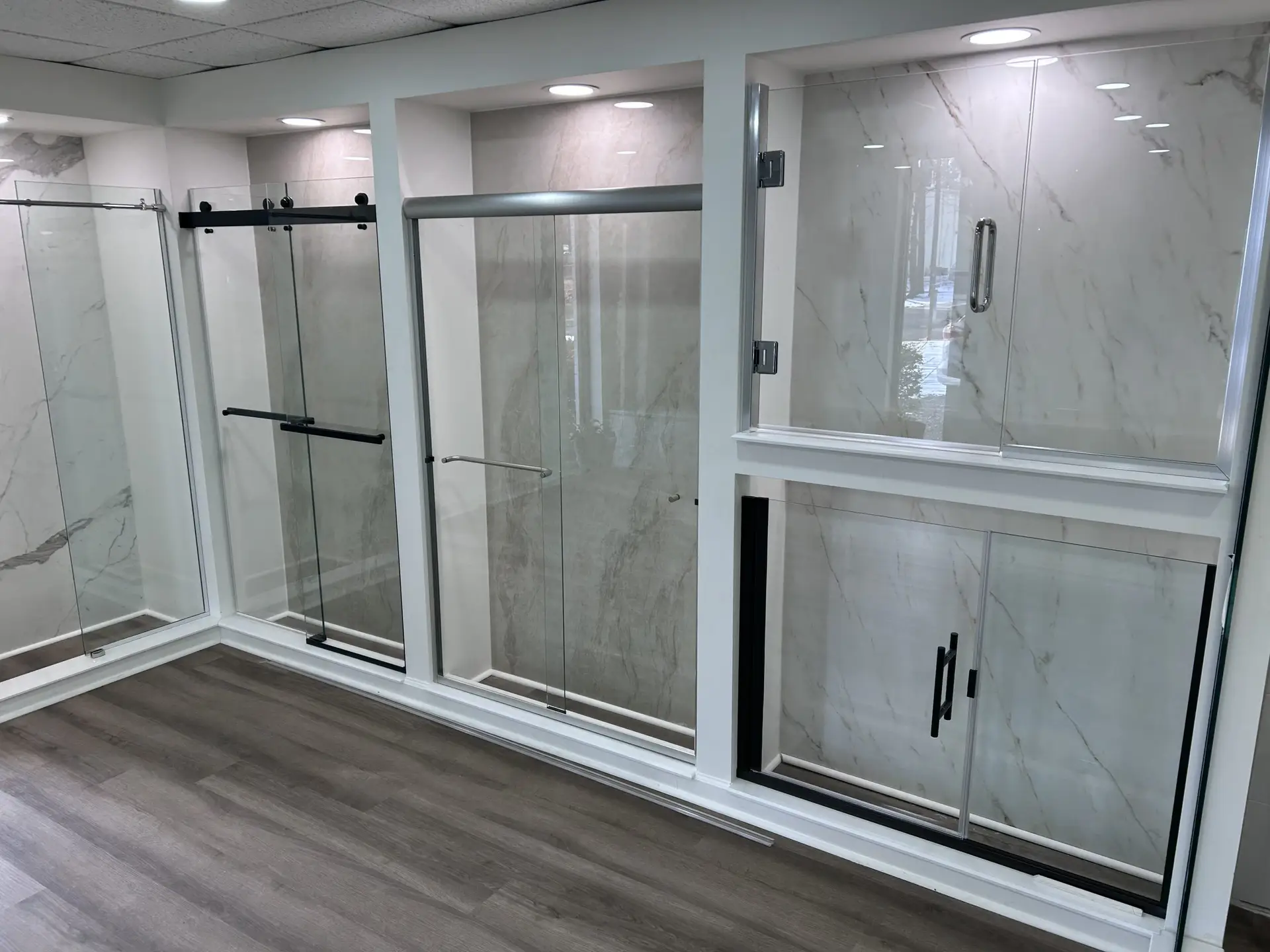 Sliding Shower door display in our Raleigh showroom located at 5900 Triangle Drive.